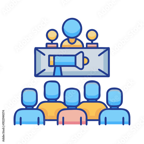 A public speaking event with audience icon illustration, simple and colorful design