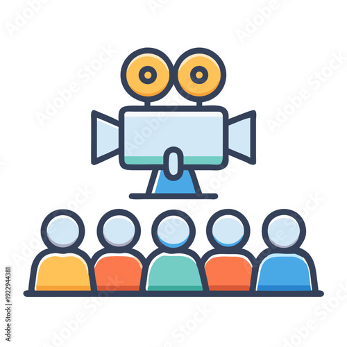 Vintage Movie Camera Showing Film to Group Audience in Black Background