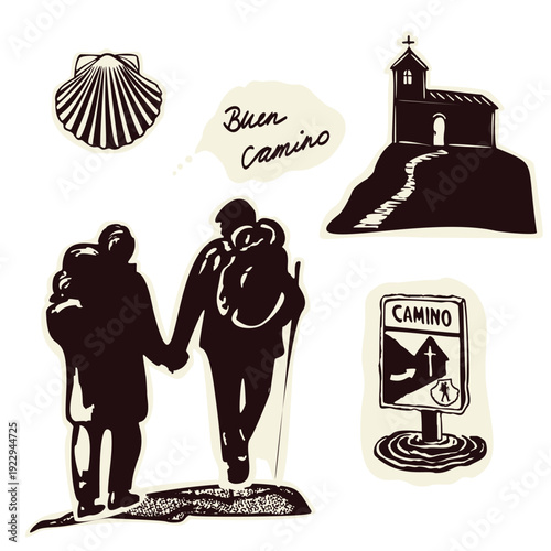 Hand drawn set of pilgrimage icon vector pictures. Black and white church sanctuary, scallop shell , buen camino passport stamp, backpacker couple. Religious sanctuary travel collection.