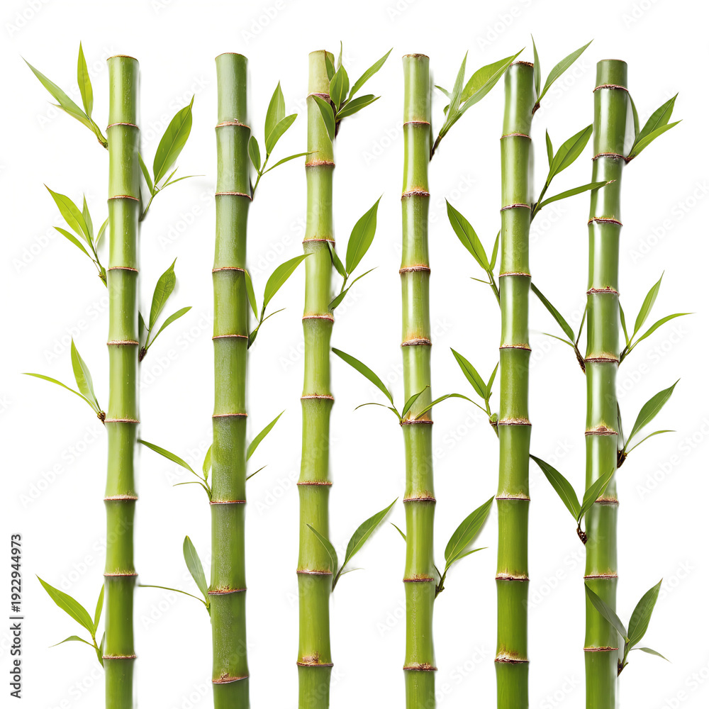 Fototapeta premium Fresh Green Bamboo Stalks with Leaves Isolated on White Background
