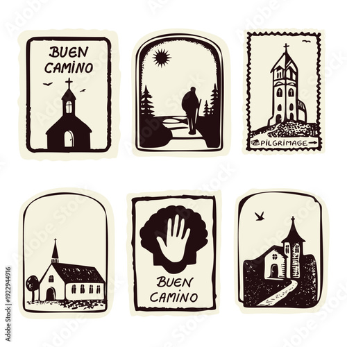 Hand drawn santiago the compostelo st james way sticker set for pilgrimage passport stamps. European churches on pilgrims way trail, buen camino sign for albbergue and travel icon motif collection