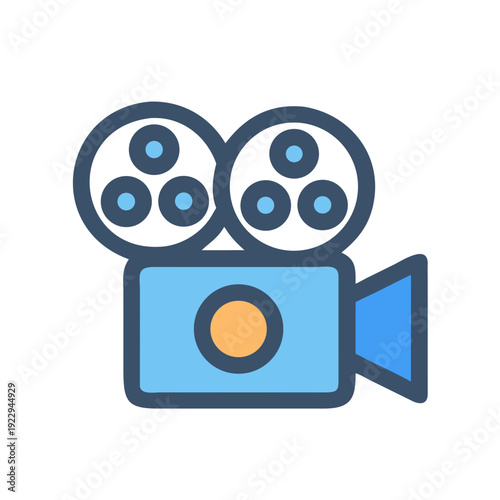 Retro Movie Camera Icon with Blue and Yellow Accents on Black Background