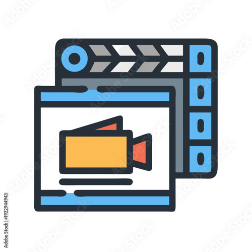 Vector illustration of video camera displayed on the screen behind the clapper board