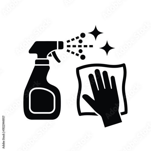 Vector illustration icon black icon of a spray bottle and gloved hand cleaning with sparkles on a isolated