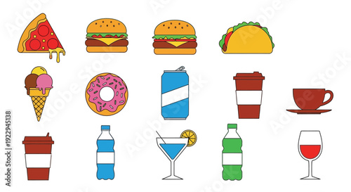 Colorful illustration of various popular food and drink items