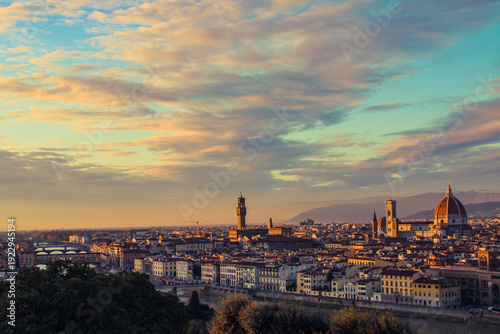 Panoramic view of Florence, Italy, at sunset. Famous view on Firenze and Santa Maria del Fiore Cathedral from the Michelangelo Square (Piazzale Michelangelo) in Florence, Tuscany, Italy.