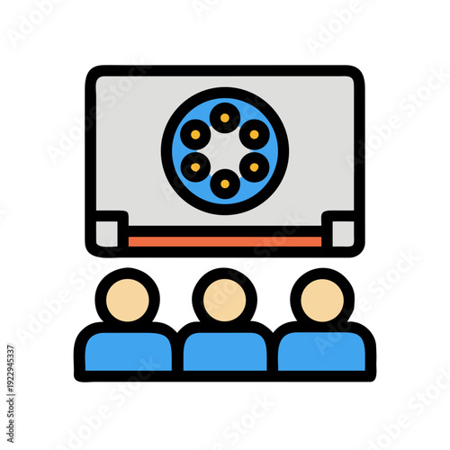 Film screening vector illustration representing movie theater with audience and film reel