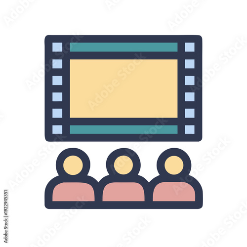 Cinema audience watching movie screen in colorful flat vector style illustration