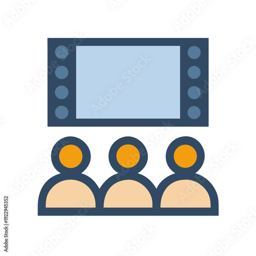 Three stylized people watching a presentation on a digital screen display