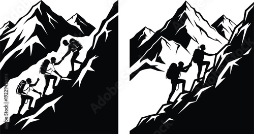 Mountain climbers silhouettes illustration vector teamwork adventure outdoor hiking expedition graphics, alpine design concept, black and white creative art collection