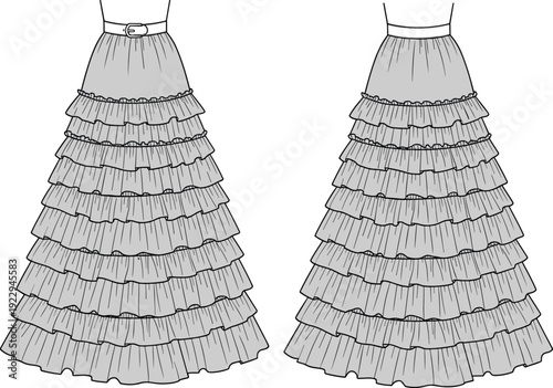 Fashion cad drawing of layered ruffle long skirt, technical flat sketch, tiered silhouette, waistband detail, vector illustration, garment template