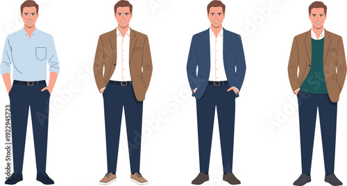 Smart casual businessman character collection, full body male avatars in blazer and shirt combinations, modern office fashion flat vector illustration isolated background