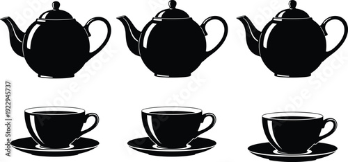 Teapots and teacups silhouettes illustration vector beverage kitchenware drinkware graphics, tea branding design concept, black and white creative art collection