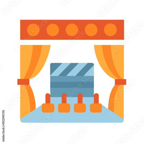 Stylized theater stage illustration with curtains and seats in flat design