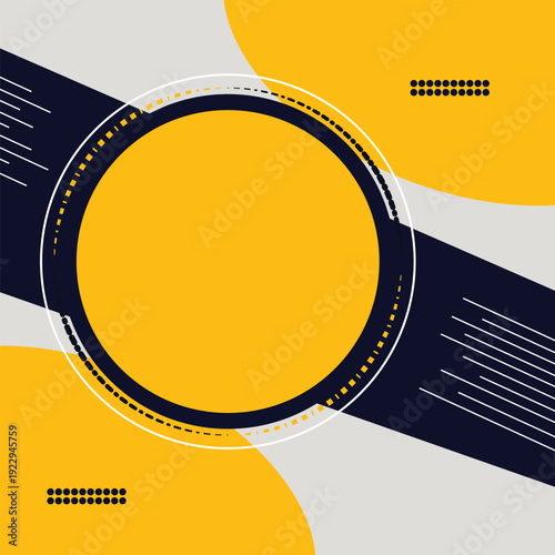 Abstract graphic design template featuring bold yellow and dark navy elements surrounding a central copy space perfect for branding promotions or social media announcements
