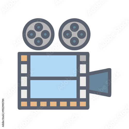 Vintage movie camera illustration in flat design with retro film reels