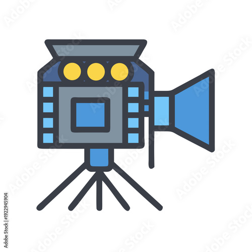 Stylized flat icon of a vintage film camera on a tripod stand