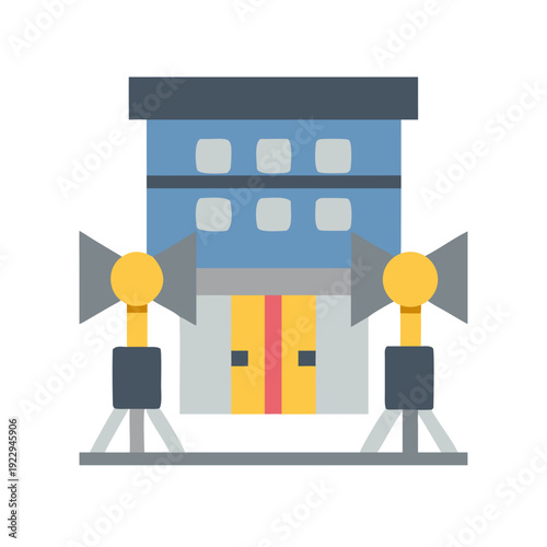 Flat building facade with spotlights, creating a theatrical or movie-like scene