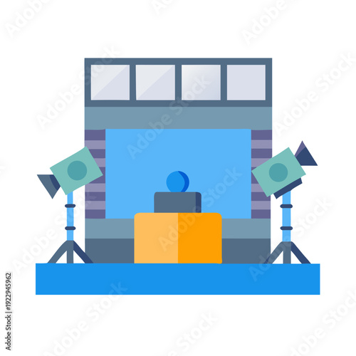 Stylized vector illustration of a brightly lit television studio stage setup