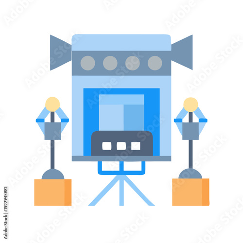 Abstract Flat Illustration of Movie Camera and Lighting Equipment on Black Background