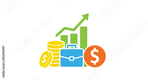 Financial growth illustration with a briefcase coins and upward trend