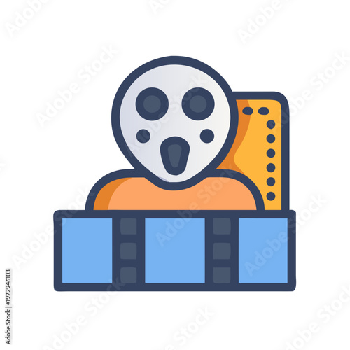 A stylized icon of a horror movie villain sitting in a movie theatre seat