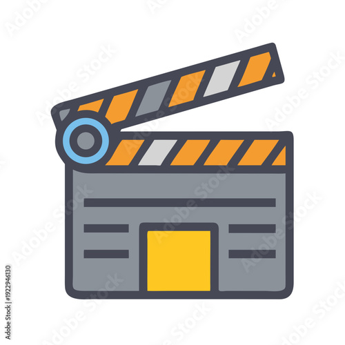 Cartoon style film clapperboard illustration on black backdrop, movie making equipment