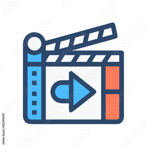 Modern clapperboard icon for film or video production in blue and orange