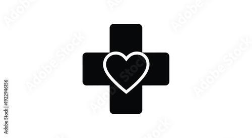 A black medical cross symbol with a white heart in the center