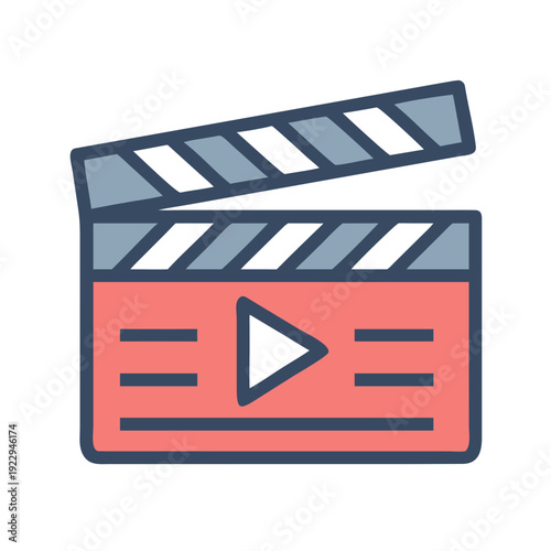 Stylized illustration of a film clapboard with a play button, isolated on black