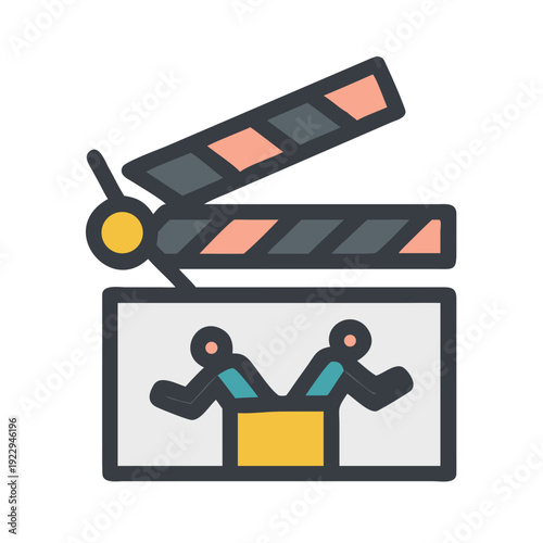 Clapperboard illustration with figures popping out of a box, movie making concept