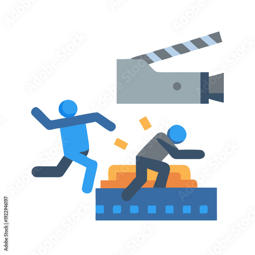 Abstract running concept: Escape from film industry with clapperboard and stylized characters