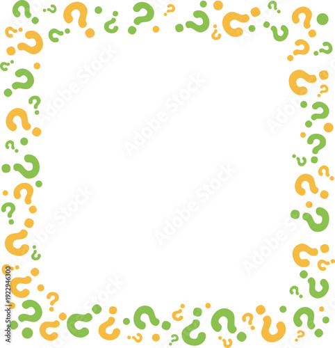 Question mark frame with decorative icon pattern. Trivia game element for quizzes and informational posters.