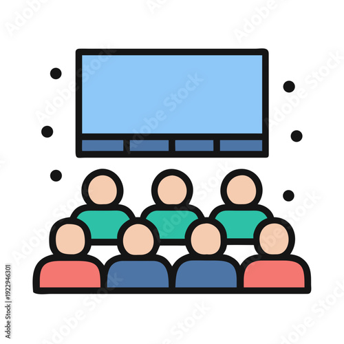 Iconic representation of a movie theater audience watching a film, flat design style