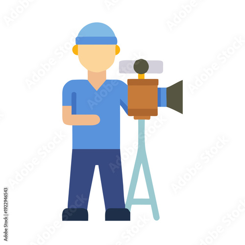 Simple flat illustration of a cameraman with a vintage camera on tripod