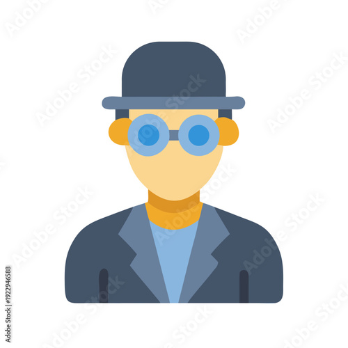Flat vector illustration of a man with bowler hat and round glasses