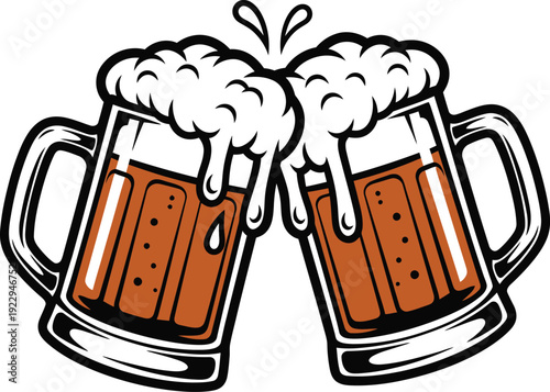 Two foamy mugs of beer in a festive toast