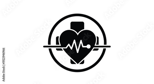 Simple black and white icon depicting a heart with an electrocardiogram