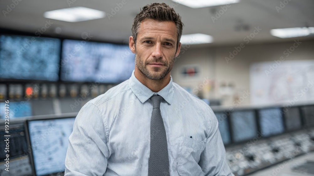 Obraz premium Confident businessman in control room with large screens