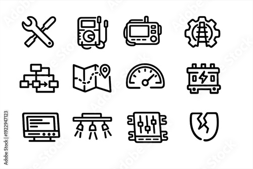 Different tools and symbols related to engineering and technology are shown on a white background with simplified designs