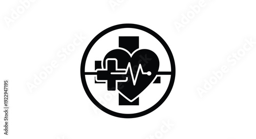 Simple black and white icon of a heart with an electrocardiogram line