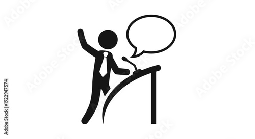 Speaker Giving Speech at Podium with Speech Bubble