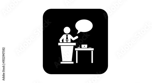 Speaker at Podium with Speech Bubble Icon