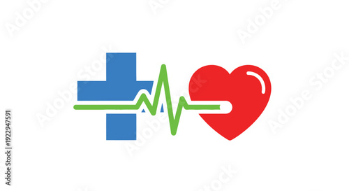 Healthcare symbol featuring a heart medical cross and electrocardiogram line