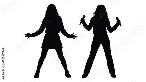 Two silhouetted women with outstretched arms appearing to dance or pose dynamically