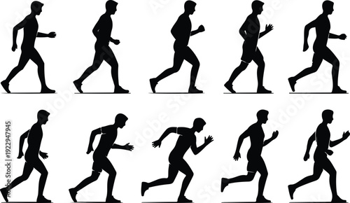 Walk to Run Progression Silhouette Icon Vector Human Movement Sequence Running Silhouette Set