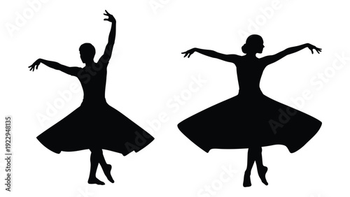 Two silhouettes of women in ballet poses appearing to dance gracefully