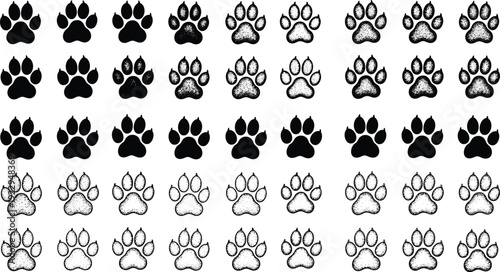 Black and white vector collection of animal paw prints featuring various styles from solid silhouettes to textured stippled designs isolated on white background.