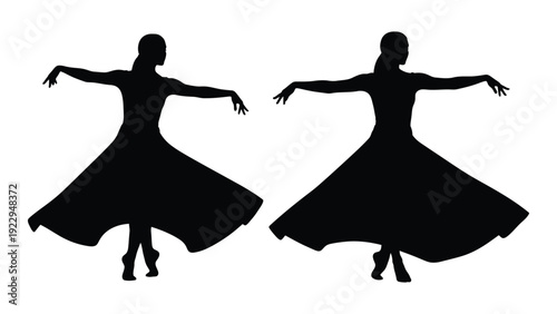 Two silhouettes of women in flowing dresses arms outstretched in a symmetrical pose