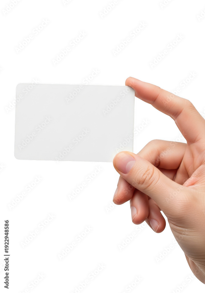 Obraz premium Hand holding a blank white business card isolated on transparent background